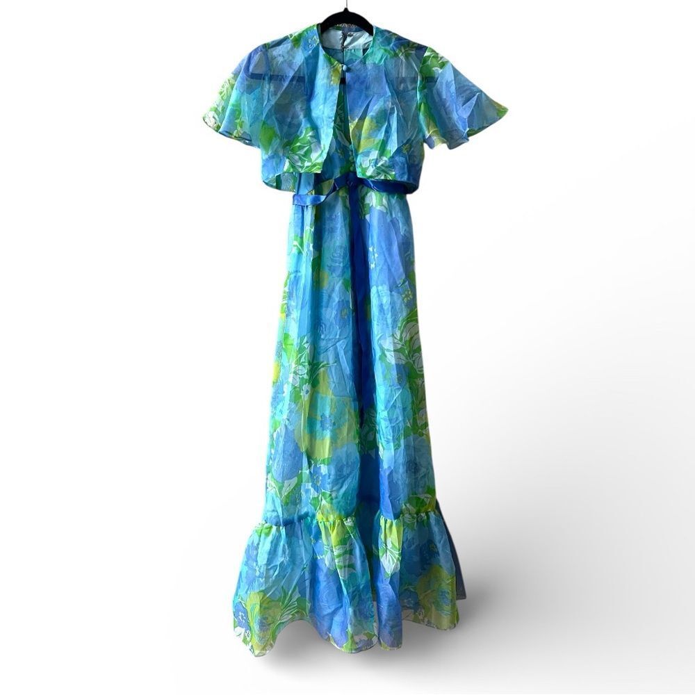 Vtg Floral Halter Maxi Dress Bolero Jacket Sz XS USA 60/70's Blue/Green‎ Costume